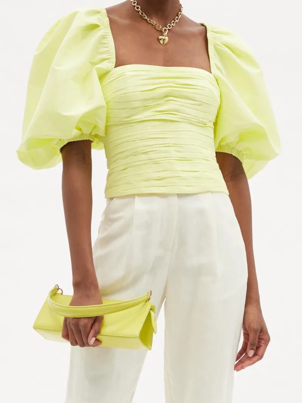Self-Portrait Lime Puff-Sleeve Ruched Square-Neck Top